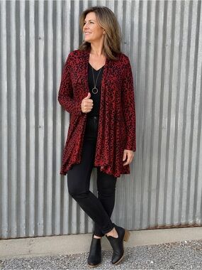 Yest Red & Black Sheer Leopard Print Open Front Cardigan Size 6